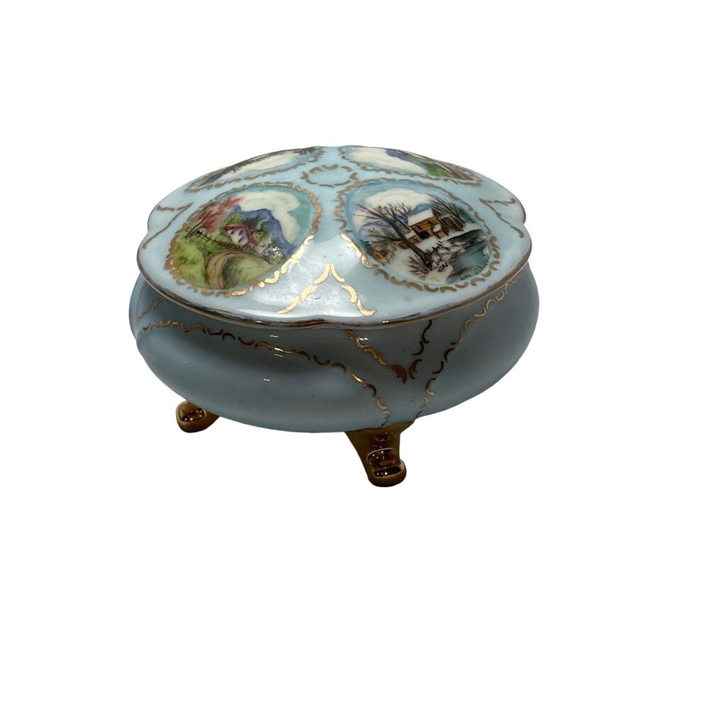Hand Painted Trinket Box Footed Gold Embellishments Light Blue Farm Scenes vtg - Picture 8 of 10